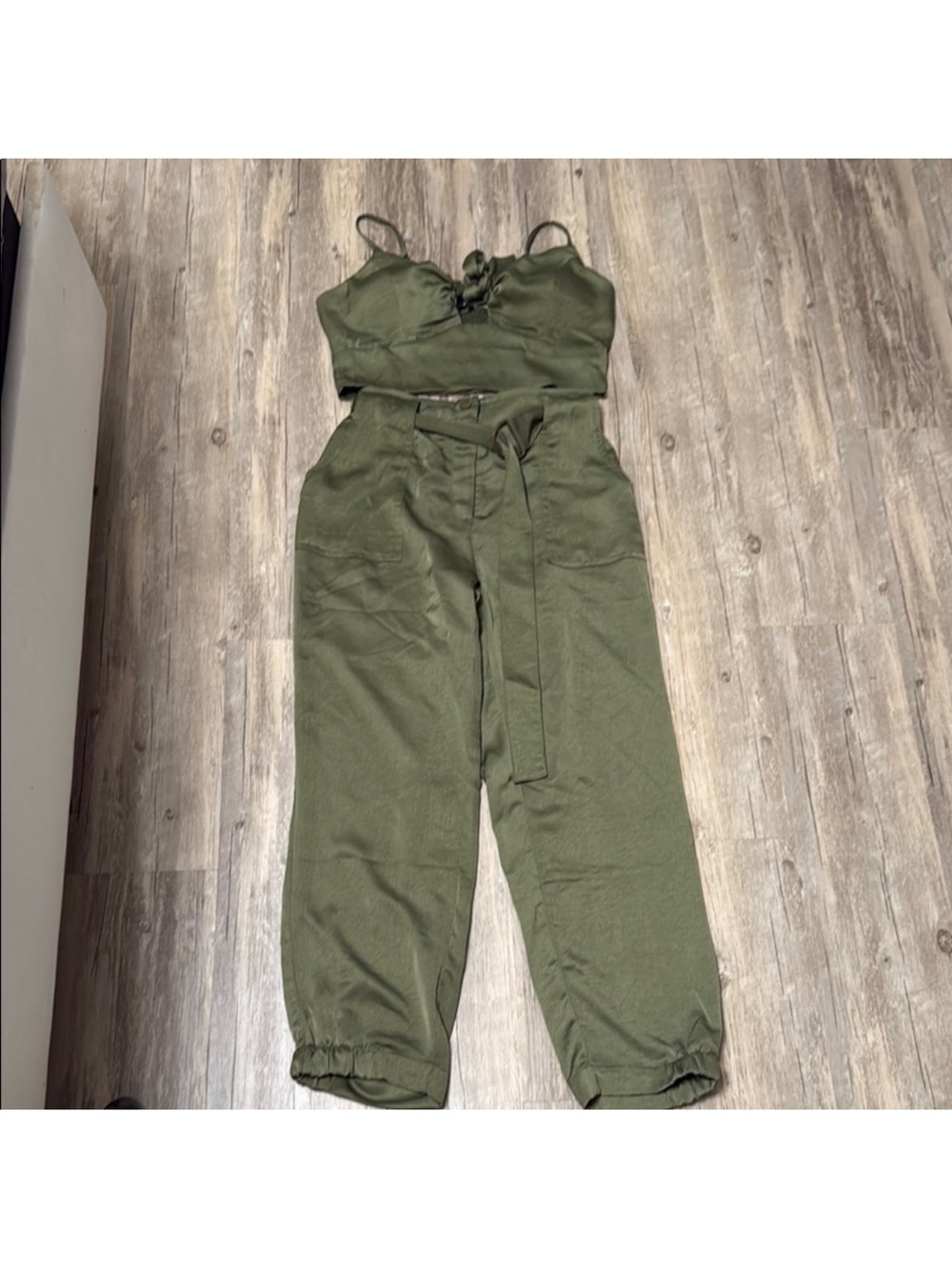Haute Monde Olive Green Two-Piece Jumpsuit with Tie Waist